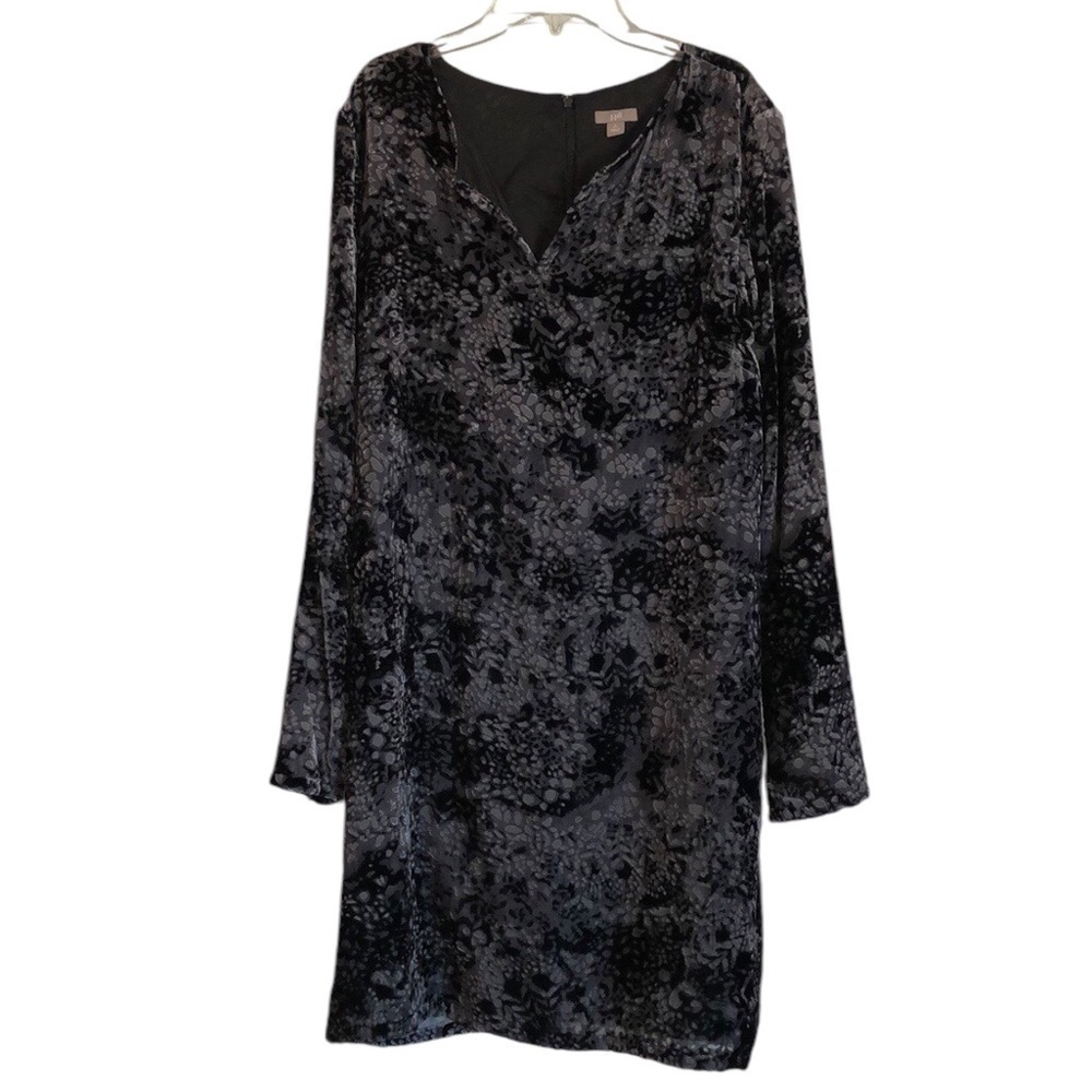 J Jill Womens Shift Dress Sz L Black Velvet Leopard Print Lined Soft V Neck Cute